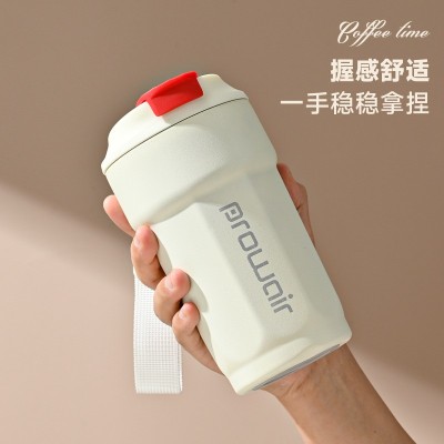 新款316不锈钢保温咖啡杯翻盖直饮可乐杯帆布提手水杯车载咖啡杯图2