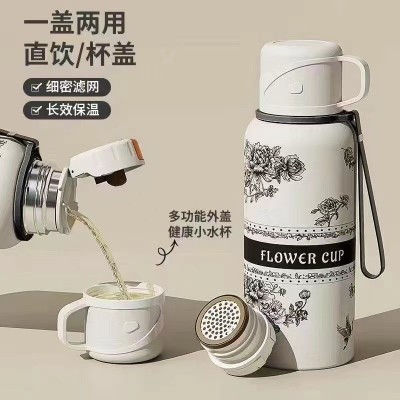 316不锈钢真空保温杯新款栀子花便携水杯户外大容量旅行登山壶图2