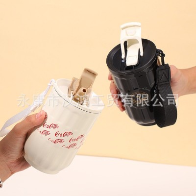 新款无缝304不锈钢保温杯大容量女水杯礼品高颜值双饮吸管咖啡杯图2