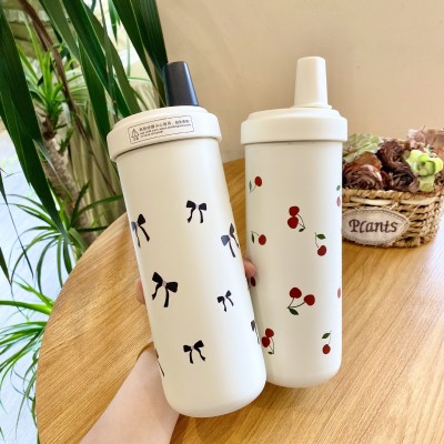 粗吸管奶茶保温杯 430ml和750ml两种容量樱桃可爱咖啡杯不锈钢图3