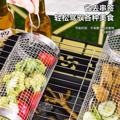 户外烧烤笼不锈钢圆形户外BBQ烟熏笼便携式多功能烧烤网旋转滚筒图2