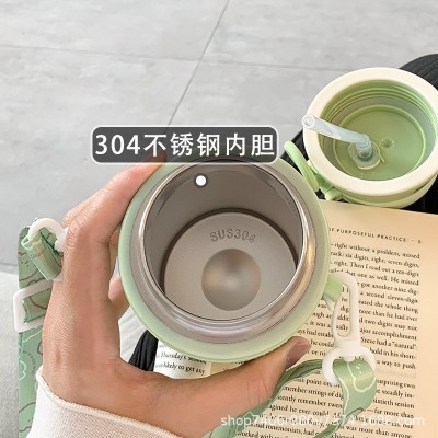 可爱保温杯女生高颜值吸管水杯简约背带便携ins风学生不锈钢杯子图4
