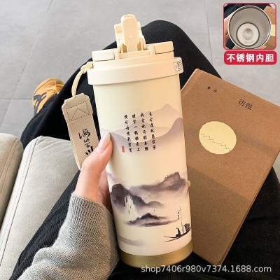 国风保温杯女水杯高颜值316不锈钢咖啡杯随行便携带吸管学生杯子图3