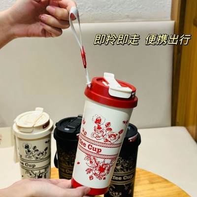 跨境316不锈钢保温杯铃兰花高颜值双饮车载咖啡杯户外提绳吸管杯图2