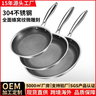 跨境直供 304不锈钢煎锅平底锅不粘锅无油烟炒菜锅牛排煎炒锅通用图2