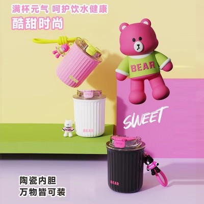 陶瓷内胆不锈钢保温杯提绳吸管杯创意卡通咖啡杯多巴胺色卡通水杯图2