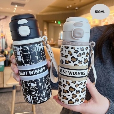 豹纹不锈钢保温杯新款便携随手杯大容量创意便携双饮吸管杯子批发图2