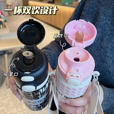 豹纹不锈钢保温杯新款便携随手杯大容量创意便携双饮吸管杯子批发图4