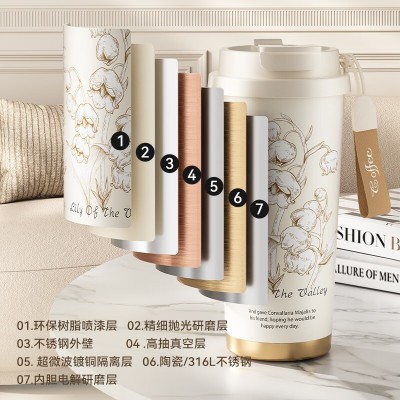 双饮咖啡杯女高颜值陶瓷内胆316不锈钢保温杯车载铃兰花吸 管杯子图4