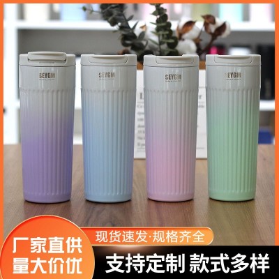 新款304不锈钢保温杯弹跳咖啡杯车载便携水杯乐享条纹女士保温杯图1