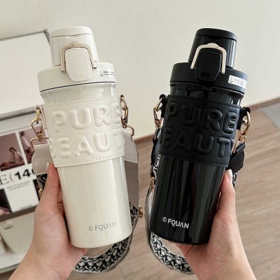 双饮保温杯女生高颜值316不锈钢吸管水杯子便携斜挎背带2024新款图3