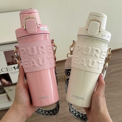 双饮保温杯女生高颜值316不锈钢吸管水杯子便携斜挎背带2024新款图2