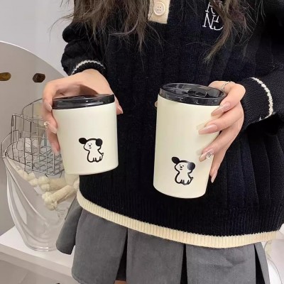 韩式小狗不锈钢咖啡杯带盖保温可爱卡通随手咖啡杯创意便携水杯图2