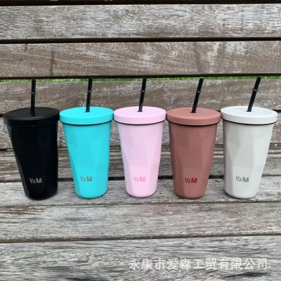 新款304不锈钢菱形吸管咖啡杯 保温便携随手杯办公车载咖啡保温杯图4