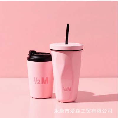 新款304不锈钢菱形吸管咖啡杯 保温便携随手杯办公车载咖啡保温杯图5