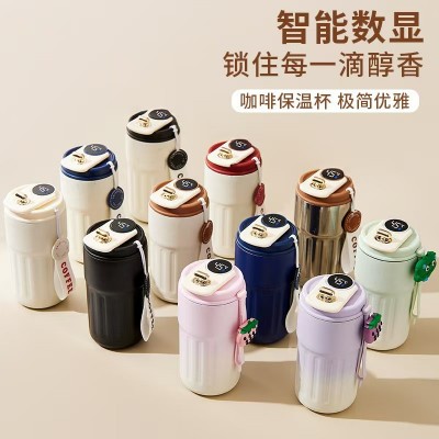 简约316不锈钢弹跳咖啡杯户外学生便携直身杯真空温度显示保温杯