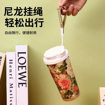 简约双饮咖啡杯高颜值316不锈钢保温杯便携男女提绳吸管车载水杯图4
