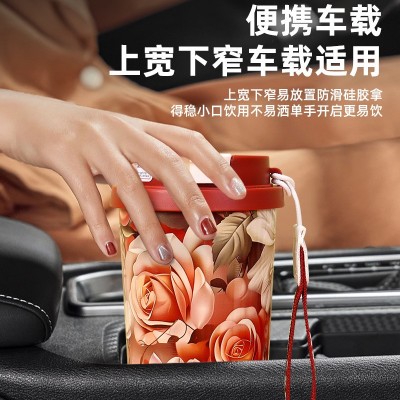 简约双饮咖啡杯高颜值316不锈钢保温杯便携男女提绳吸管车载水杯图2