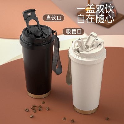 创意高颜值咖啡杯便携式不锈钢保温杯简约学生双饮吸管杯女生水杯图3