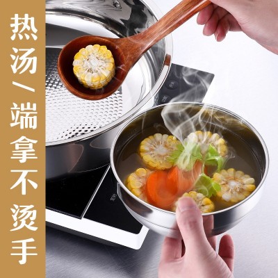 不锈钢304碗加厚双层防烫泡面碗食堂大汤饭碗儿童饭碗铂金百合碗
