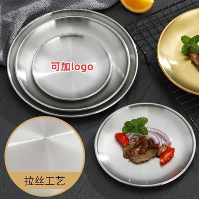 304不锈钢圆盘拉丝浅盘 金色托盘韩式烤肉盘家用水果盘 餐厅酒店图2