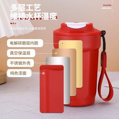 新款316不锈钢咖啡杯帯提绳翻盖保温杯双层真空办公礼品杯批发图3