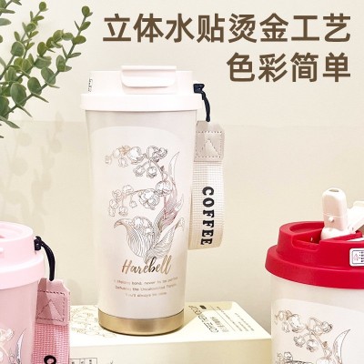 新款铃兰316不锈钢高颜值保温保冷咖啡杯双饮吸管杯便携水杯批发图3