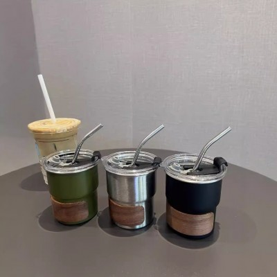 304不锈钢咖啡杯吸管杯户外露营随手杯餐厅酒店商用饮料啤酒杯子