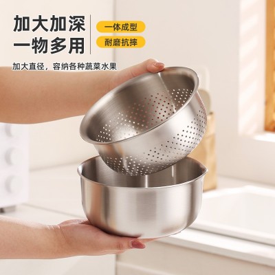 不锈钢碗304食品级家用厨房沥水盆洗菜盆沥水篮洗菜碗图2