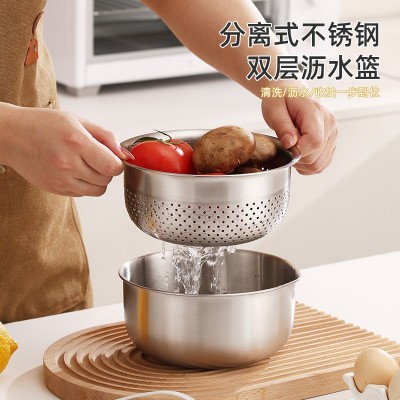 不锈钢碗304食品级家用厨房沥水盆洗菜盆沥水篮洗菜碗图1