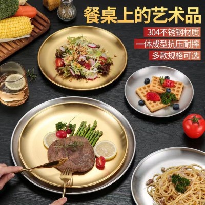 304韩式不锈钢烤肉盘家用圆盘多用菜盘西餐金色水果餐盘甜品盘图3